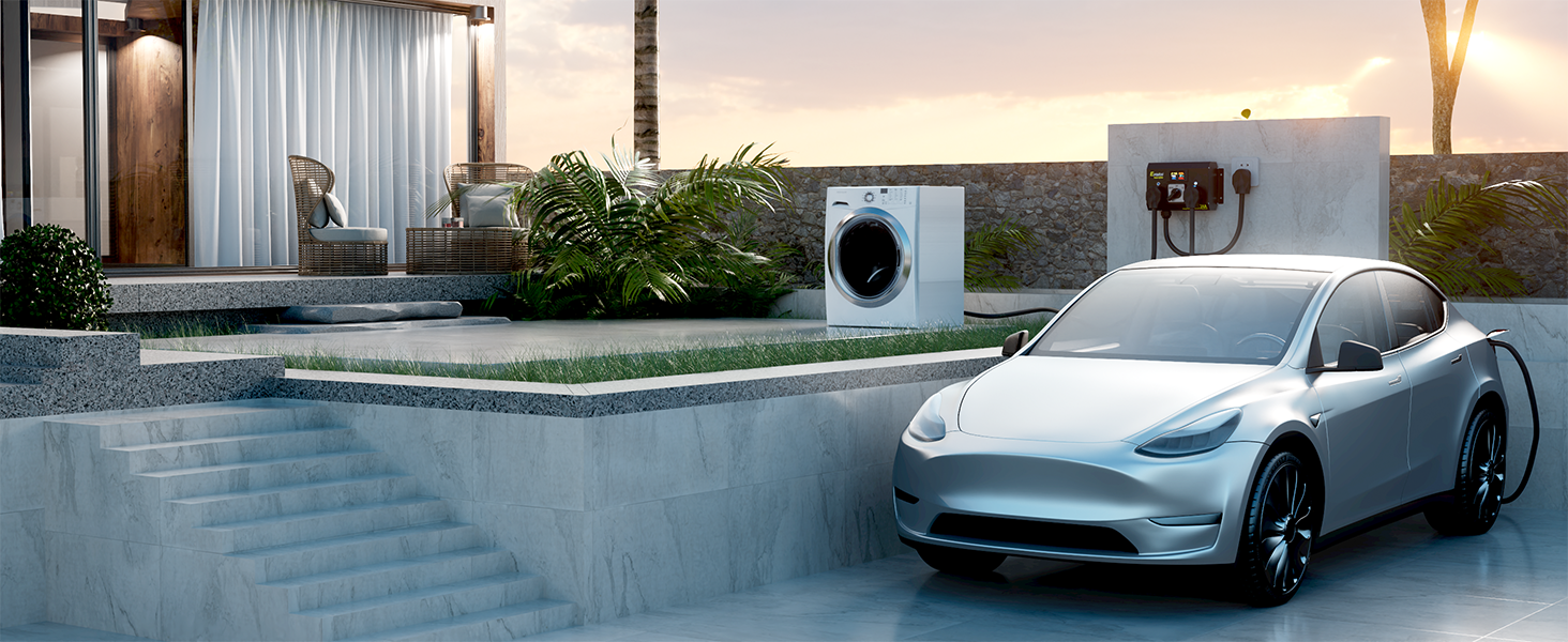 EV charging setup with car, laundry appliance, and Exqutoo power splitter